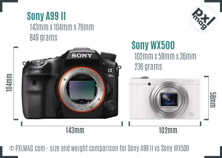 Sony A99 II vs Sony WX500 size comparison