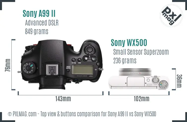 Sony A99 II vs Sony WX500 top view buttons comparison