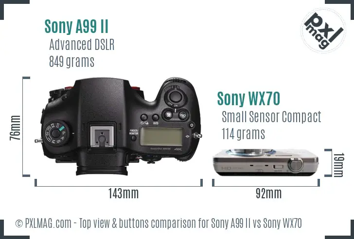 Sony A99 II vs Sony WX70 top view buttons comparison