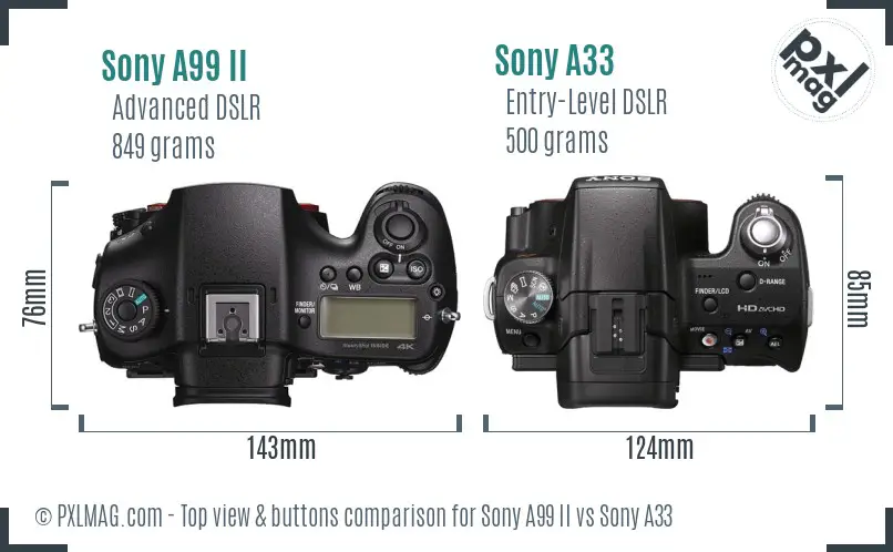 Sony A99 II vs Sony A33 top view buttons comparison