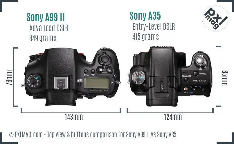Sony A99 II vs Sony A35 top view buttons comparison