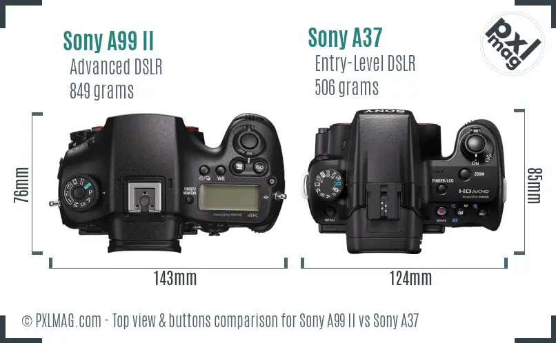 Sony A99 II vs Sony A37 top view buttons comparison