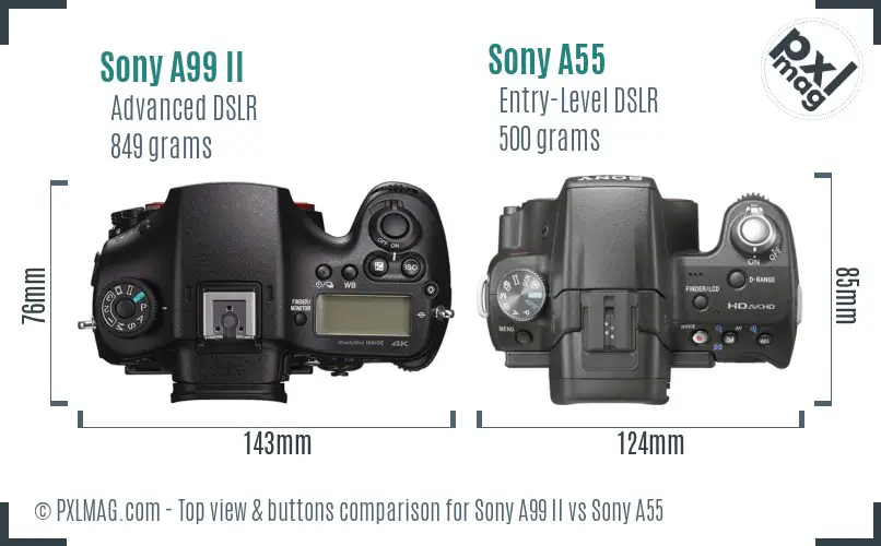 Sony A99 II vs Sony A55 top view buttons comparison