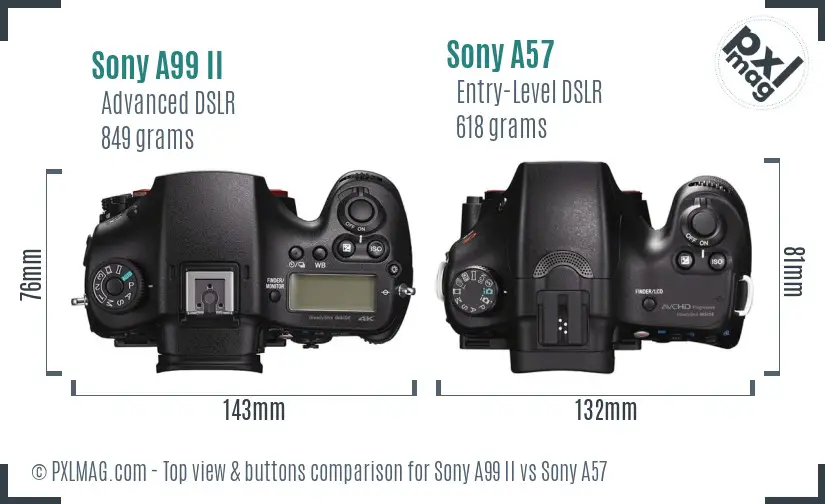 Sony A99 II vs Sony A57 top view buttons comparison