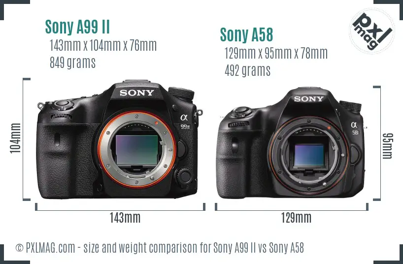 Sony A99 II vs Sony A58 size comparison