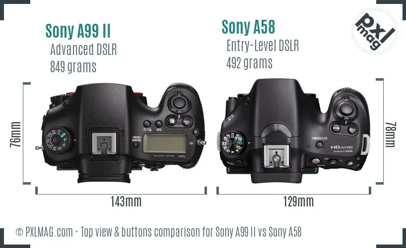 Sony A99 II vs Sony A58 top view buttons comparison