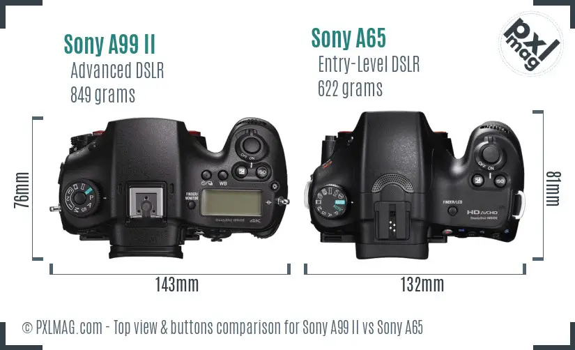 Sony A99 II vs Sony A65 top view buttons comparison