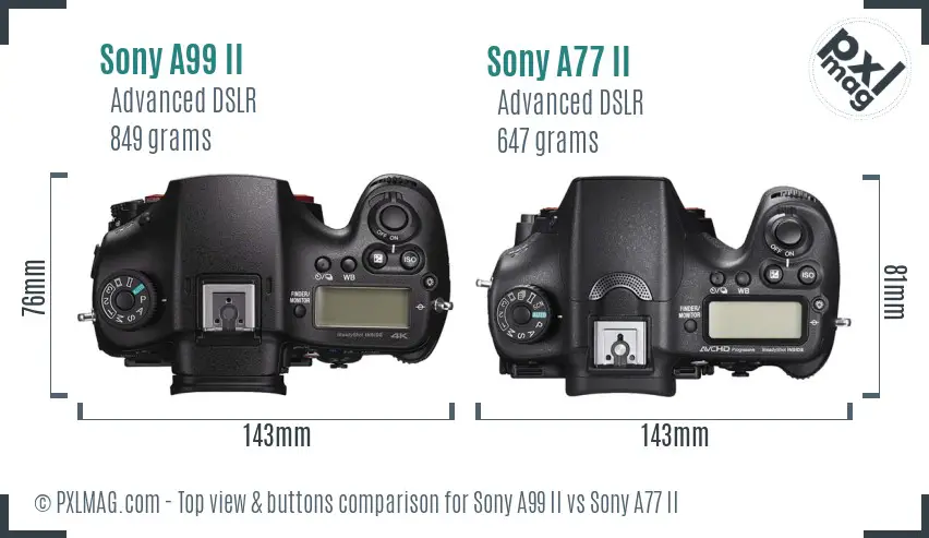Sony A99 II vs Sony A77 II top view buttons comparison