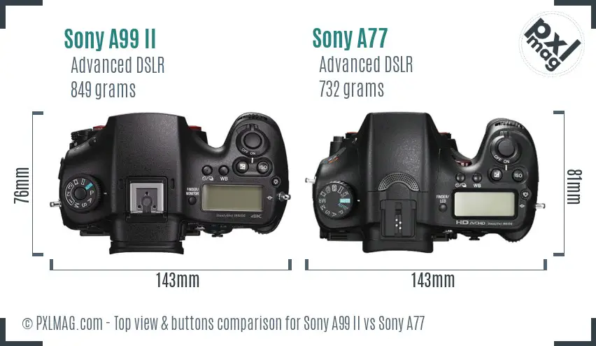 Sony A99 II vs Sony A77 top view buttons comparison