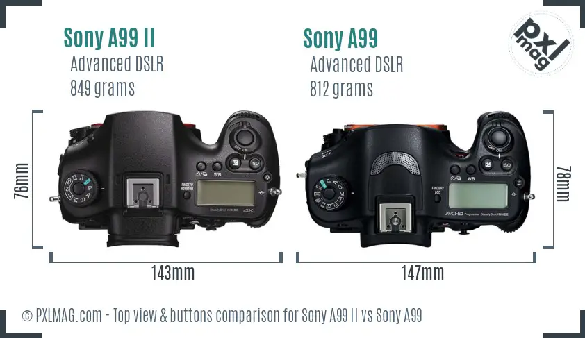 Sony A99 II vs Sony A99 top view buttons comparison