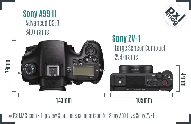 Sony A99 II vs Sony ZV-1 top view buttons comparison