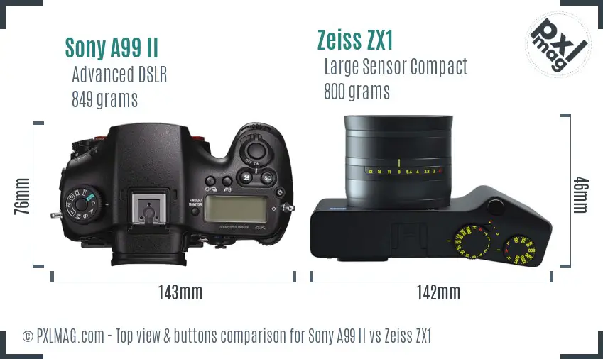 Sony A99 II vs Zeiss ZX1 top view buttons comparison