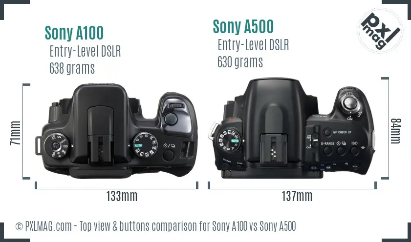 Sony A100 vs Sony A500 top view buttons comparison