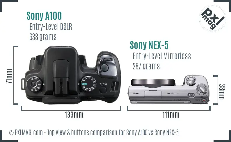 Sony A100 vs Sony NEX-5 top view buttons comparison