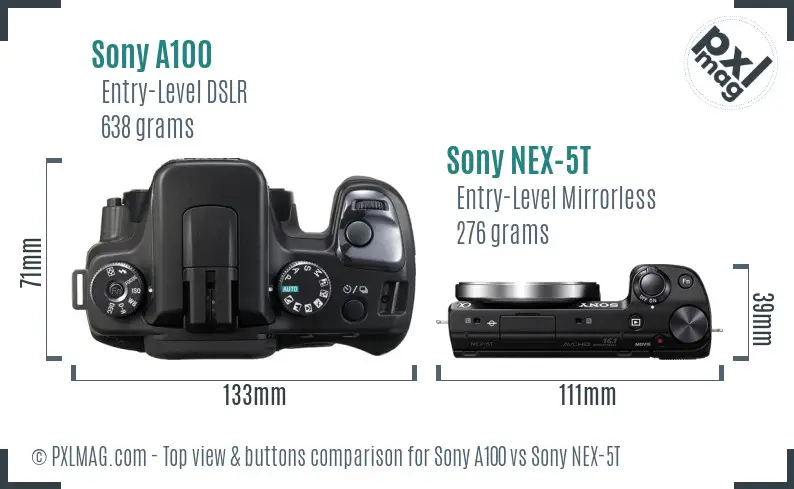 Sony A100 vs Sony NEX-5T top view buttons comparison