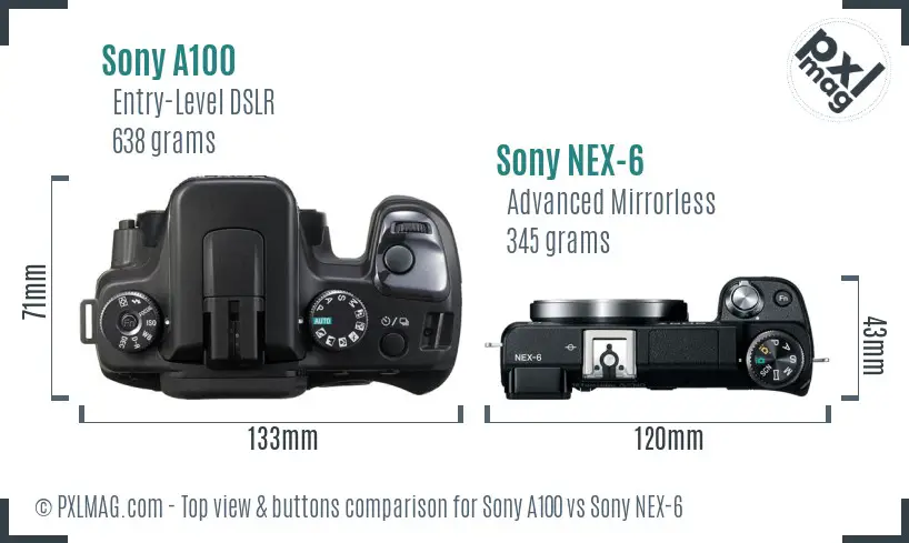 Sony A100 vs Sony NEX-6 top view buttons comparison