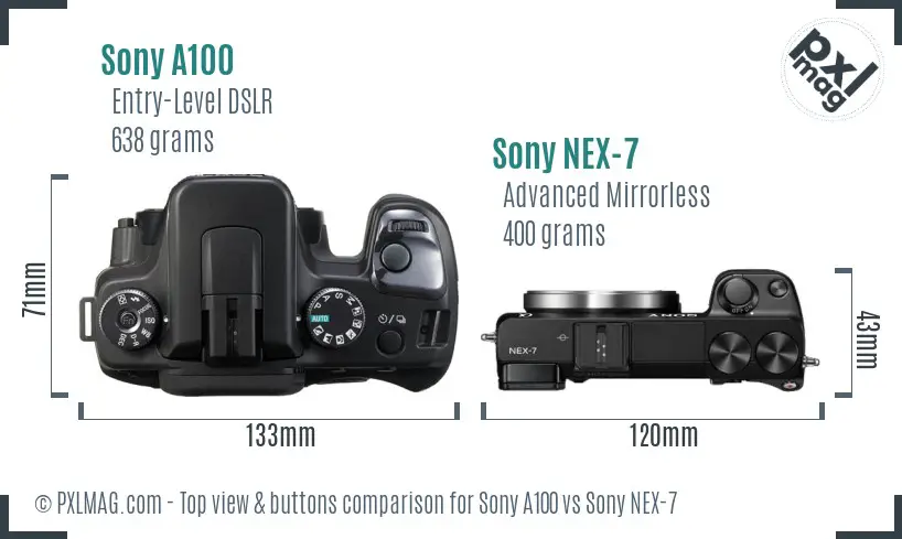 Sony A100 vs Sony NEX-7 top view buttons comparison