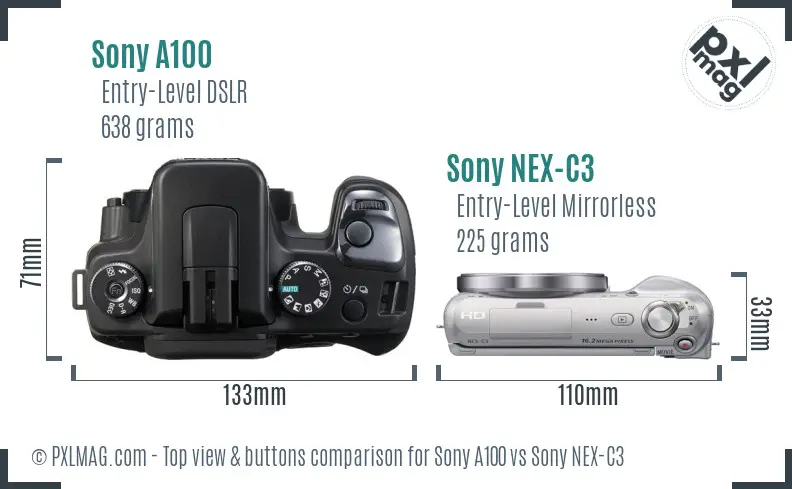 Sony A100 vs Sony NEX-C3 top view buttons comparison