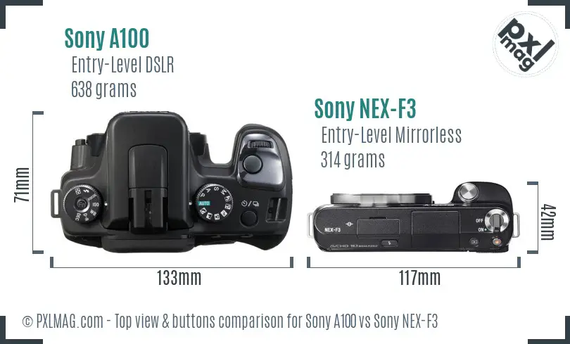 Sony A100 vs Sony NEX-F3 top view buttons comparison