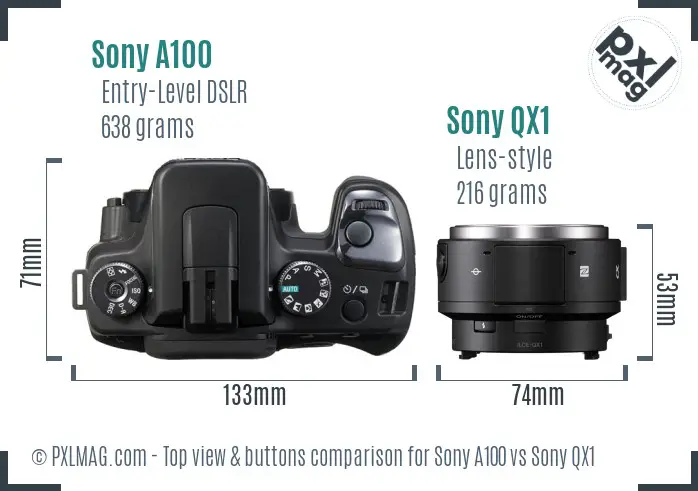 Sony A100 vs Sony QX1 top view buttons comparison