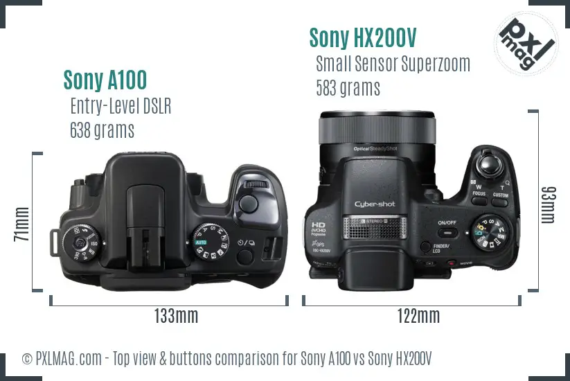 Sony A100 vs Sony HX200V top view buttons comparison
