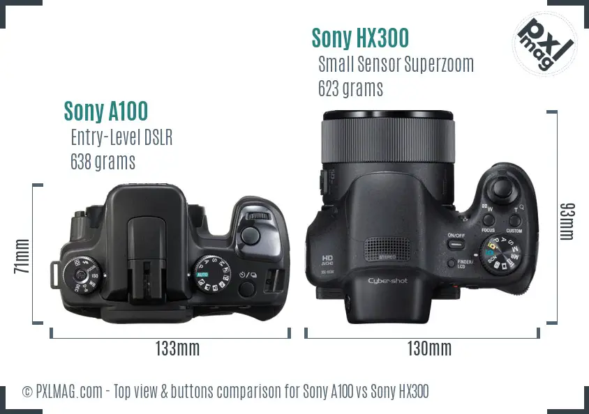 Sony A100 vs Sony HX300 top view buttons comparison