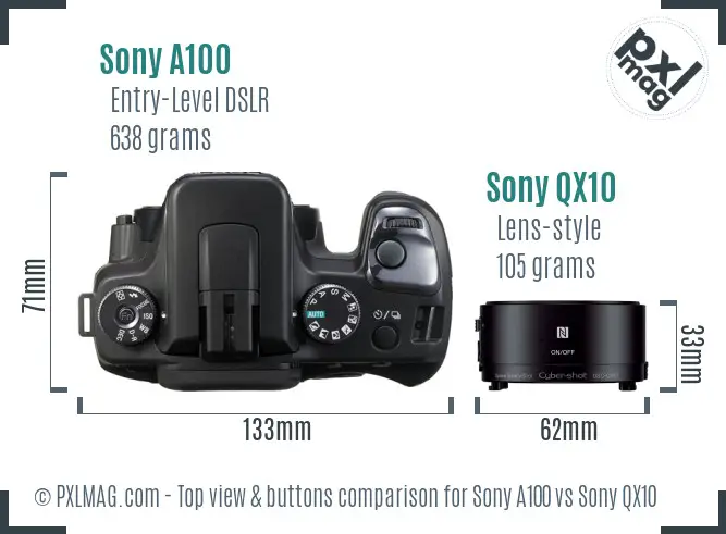 Sony A100 vs Sony QX10 top view buttons comparison