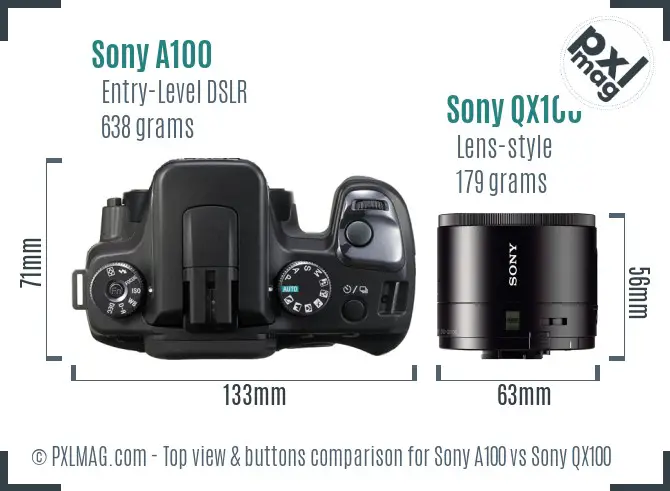 Sony A100 vs Sony QX100 top view buttons comparison