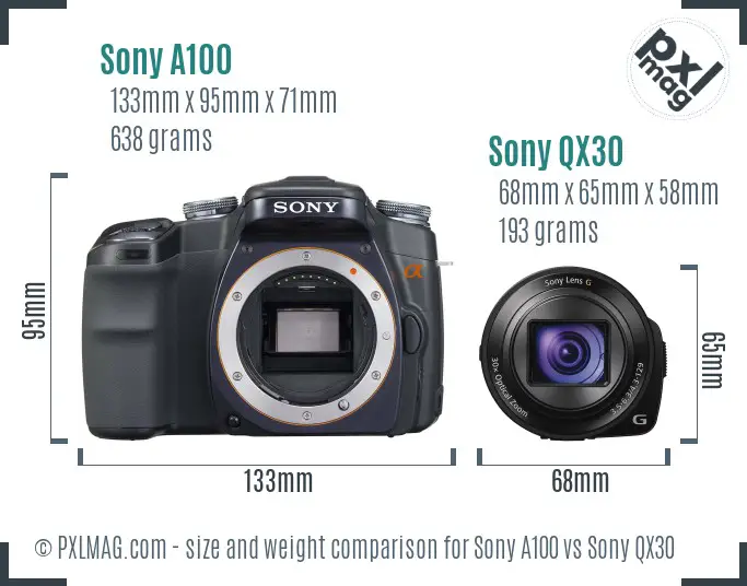 Sony A100 vs Sony QX30 size comparison