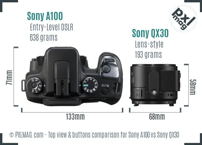 Sony A100 vs Sony QX30 top view buttons comparison
