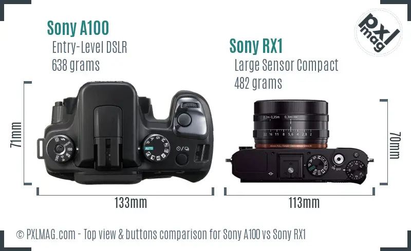 Sony A100 vs Sony RX1 top view buttons comparison