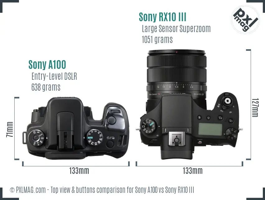 Sony A100 vs Sony RX10 III top view buttons comparison
