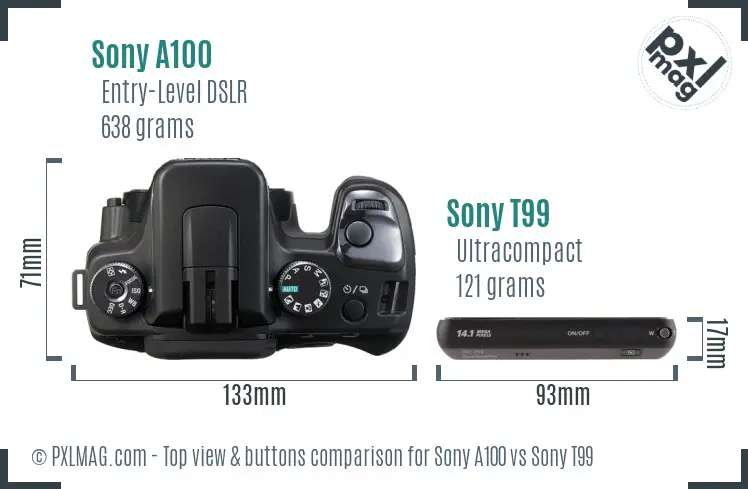 Sony A100 vs Sony T99 top view buttons comparison