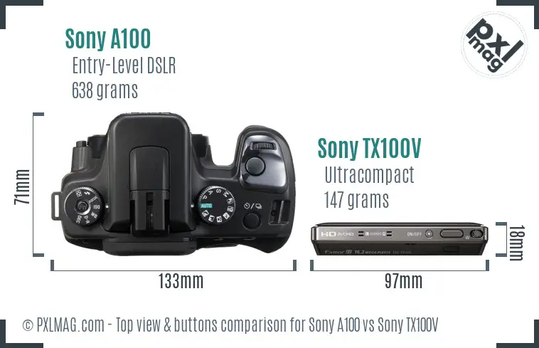 Sony A100 vs Sony TX100V top view buttons comparison