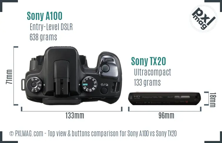Sony A100 vs Sony TX20 top view buttons comparison