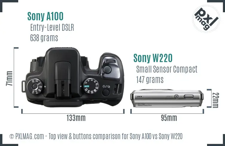 Sony A100 vs Sony W220 top view buttons comparison