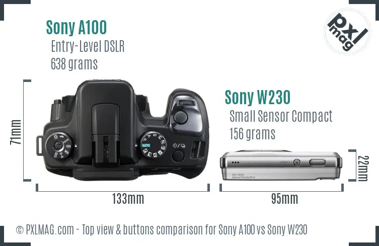 Sony A100 vs Sony W230 top view buttons comparison