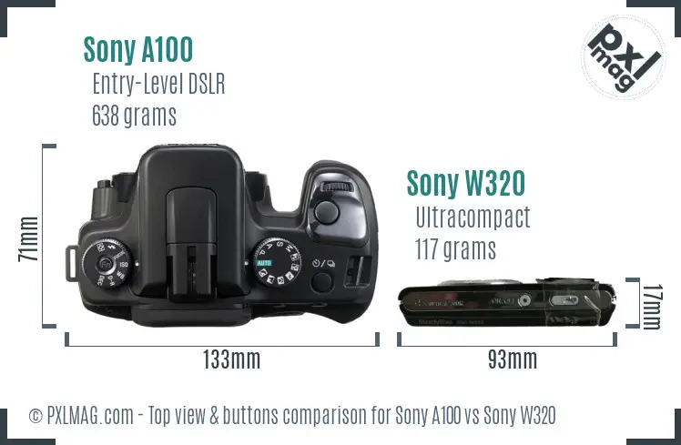 Sony A100 vs Sony W320 top view buttons comparison