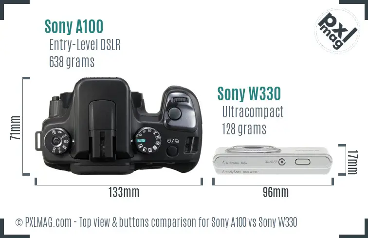 Sony A100 vs Sony W330 top view buttons comparison