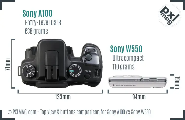 Sony A100 vs Sony W550 top view buttons comparison