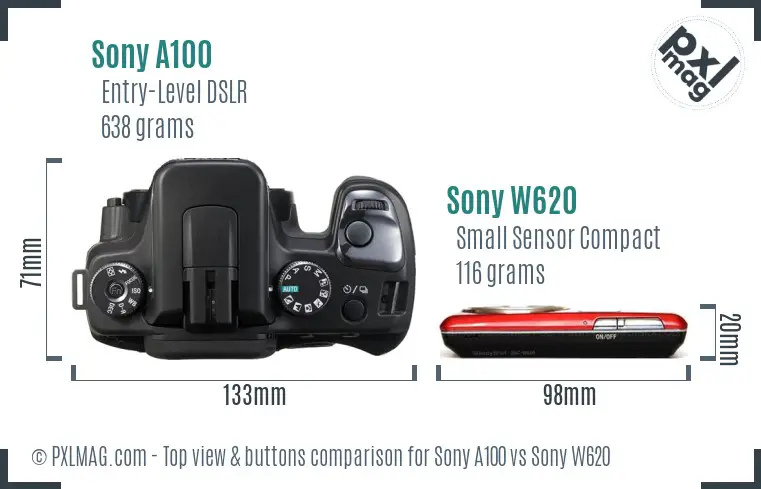 Sony A100 vs Sony W620 top view buttons comparison