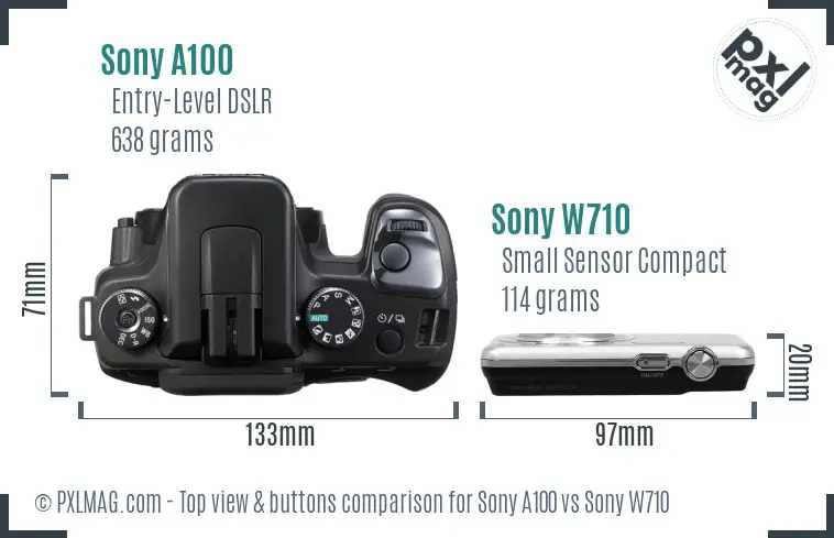 Sony A100 vs Sony W710 top view buttons comparison