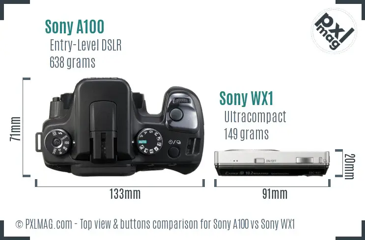 Sony A100 vs Sony WX1 top view buttons comparison