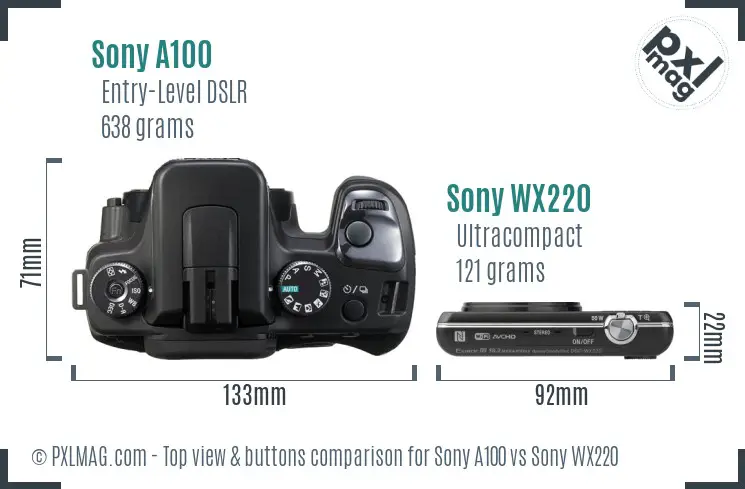 Sony A100 vs Sony WX220 top view buttons comparison
