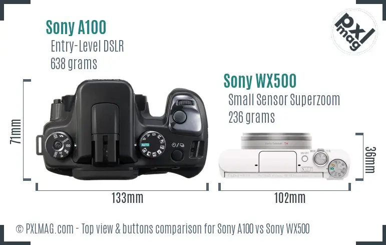 Sony A100 vs Sony WX500 top view buttons comparison