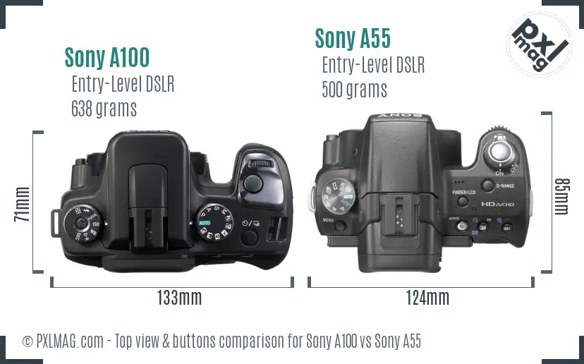 Sony A100 vs Sony A55 top view buttons comparison
