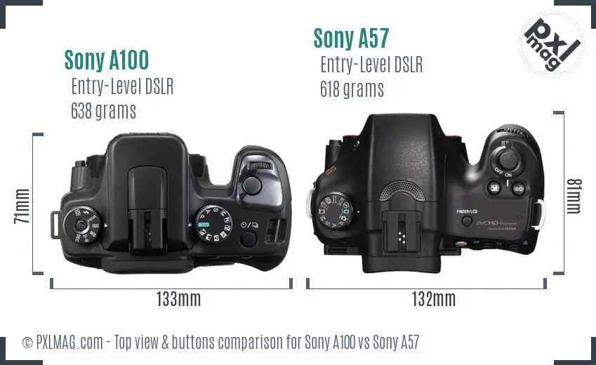 Sony A100 vs Sony A57 top view buttons comparison