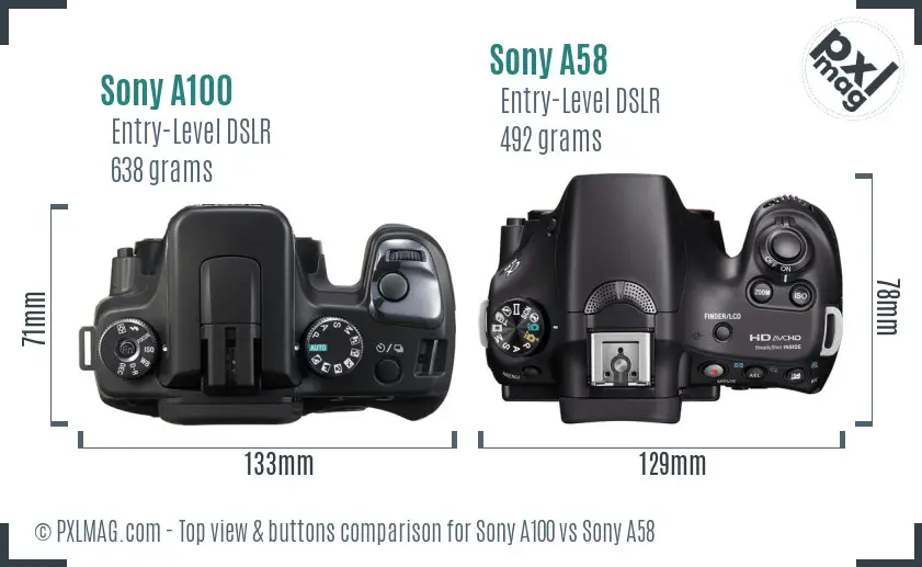 Sony A100 vs Sony A58 top view buttons comparison