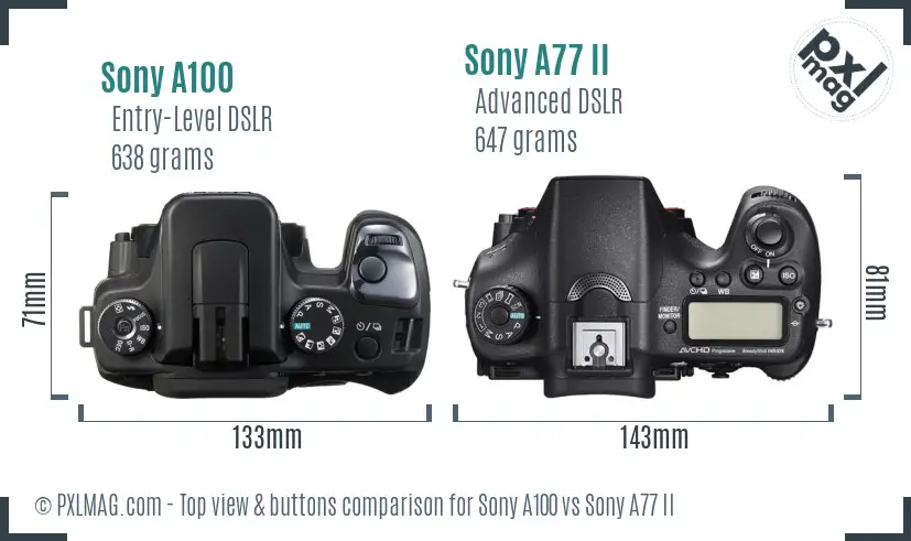 Sony A100 vs Sony A77 II top view buttons comparison