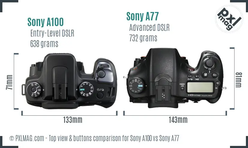 Sony A100 vs Sony A77 top view buttons comparison